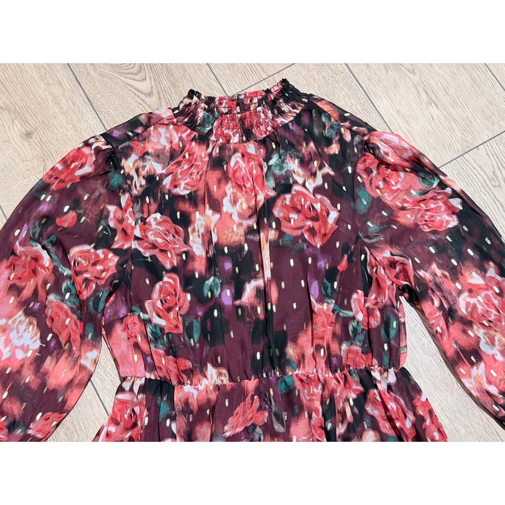 Torrid Chiffon Dress Plus 1X Floral Print Mock Neck Smocked Waist Midi Burgundy - Picture 6 of 8